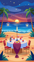 Obraz premium A beach scene with a table set for a romantic dinner. The table is surrounded by chairs and has a white tablecloth. There are wine glasses, bottles, and cups on the table. The atmosphere is warm