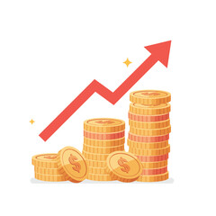 Revenue Growth with Cash Coins and Upward Arrow on White Background  
