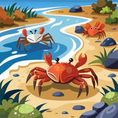 A cartoon of three crabs on a beach with a river in the background. The crabs are all different colors and sizes