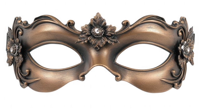 Elegant bronze venetian mask with floral adornments and sparkling jewel