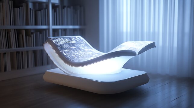 A levitating reading platform with a curved holographic book display and soft ambient lighting 