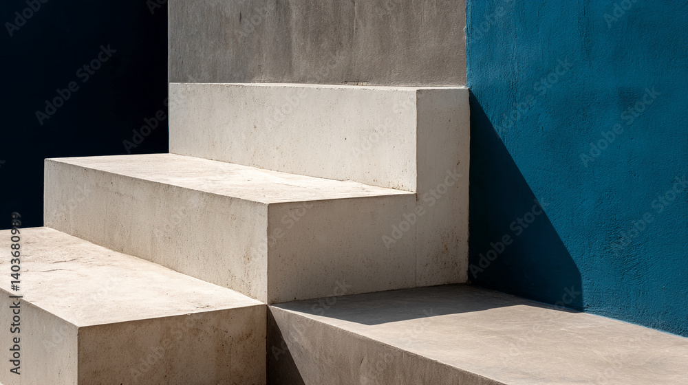 Poster three off-white concrete steps against a gray and blue wall, creating a minimalist architectural sce