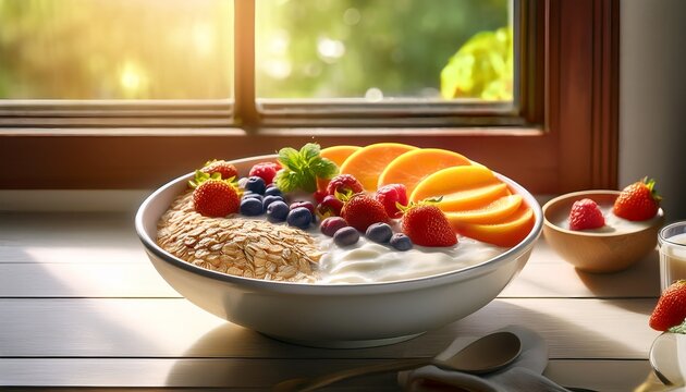 healthy breakfast with oatmeal fruit and yogurt indoors by a window possible use promoting healthy eating nutritious breakfast options