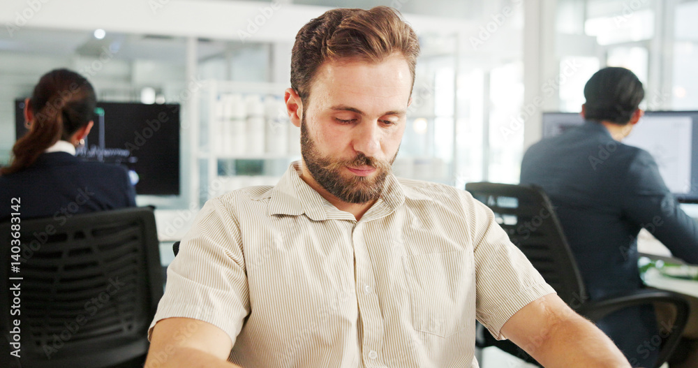 Fototapete thinking, reflection and business man in office for problem solving, insight or mindset for inspirat