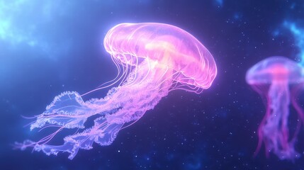 Pink Jellyfish in Blue Water: A luminous pink jellyfish gracefully floats in a deep blue ocean, its tentacles trailing elegantly. The scene evokes a sense of serene wonder.
