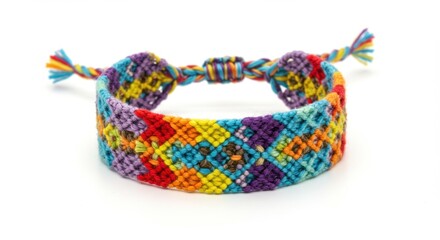 Handmade Friendship Bracelet with Colorful Pattern on White Background