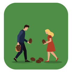 Two people collecting pine cones in a flat design vector art