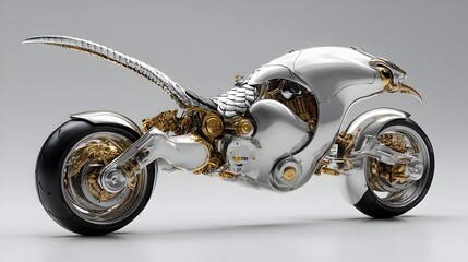 A silver and gold motorcycle with a bird on the handlebars