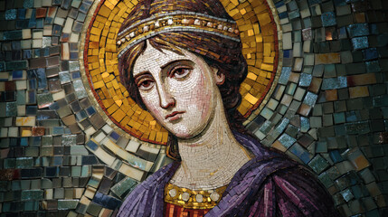 Mosaic depiction of a pensive woman, clad in violet and crimson garments with gold detailing, positioned slightly left of center