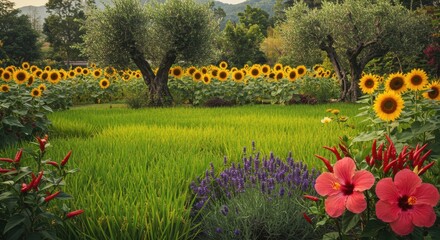 Sunflower Field and Rice Paddies with Blooming Lavender and Hibiscus