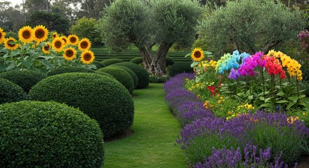 Walking Path Through Lush Flower Garden with Sunflowers and Lavender