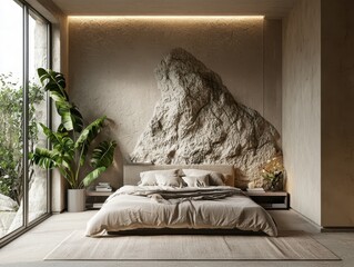 A bedroom featuring a textured wall with a rock-like design, creating a unique and calming atmosphere. Sunlight streams in through large windows.