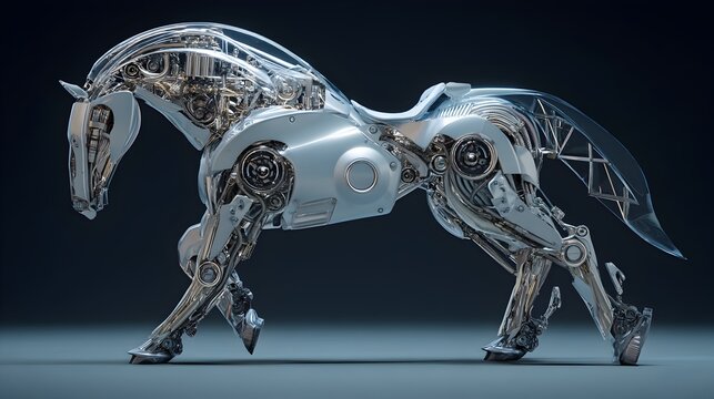 A silver robot horse is walking on a grey background