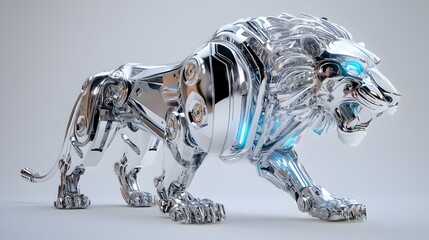 A silver robot lion with blue eyes and a blue tongue