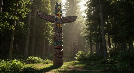 Exploring Totem Pole Art in a Lush Forest with Sunlit Path