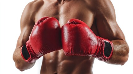 Man Wearing Boxing Gloves Poses with Muscular Torso and Strong Physique
