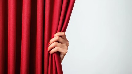 Hand Holding Red Curtain with Elegant Fabric Texture and Gesture