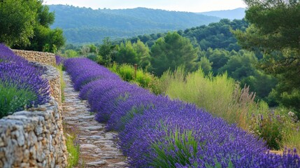 Fototapeta premium A cobblestone path leads through fields of purple lavender flowers