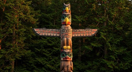 Exploring Native American Totem Pole in Forest Setting with Evergreen Trees
