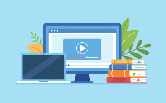 Online Education E Learning Platform Digital Classroom Video Tutorial on Computer Laptop with Books Plant Decor Minimalist Flat Design Blue Background for Distance Learning and Technology