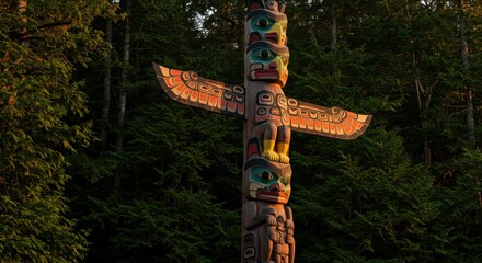 Exploring a Carved Totem Pole with Forest Background in Natural Light
