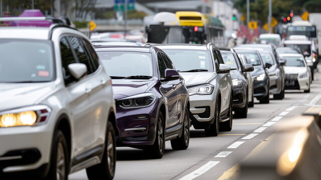 Cars are bumper-to-bumper in a traffic jam on a busy city road during peak hour, with honking horns and frustrated drivers as they slowly inch forward.