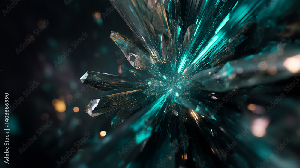 Aufkleber close-up of teal and gold crystal cluster, radiating outwards, creating a dynamic and energetic appe