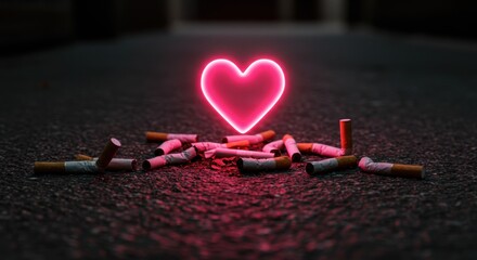 Neon Heart and Cigarette Butts on Dark Ground Reflecting Addiction