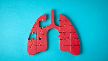 close up of red lung shaped puzzle being assembled on a soft pastel blue background highlighting respiratory health awareness