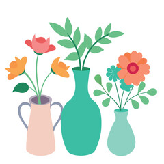 Watercolor bouquets set. Flowers, leaves, vase on white background.