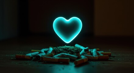 Stop Smoking Concept Cigarette Butts with Heart Symbol and Tobacco