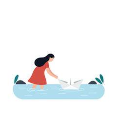 Girl interacting with paper boat in a serene water scene, flat vector art