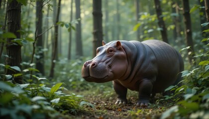 Serene Hippopotamus in Misty Dawn Forest