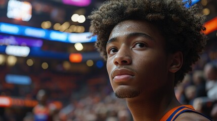 Young Basketball Player in Arena, Focused and Determined