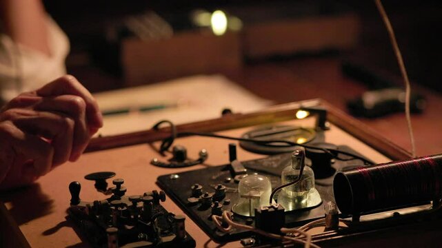 close shot WWII spy in France sending coded messages