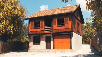 Rustic wooden chalet house in sunlit garden