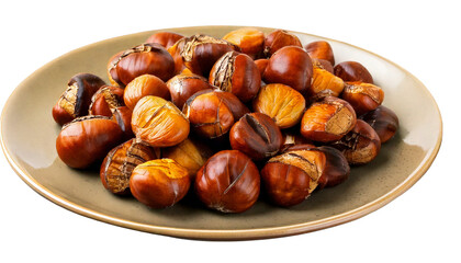 Obraz premium Roasted Chestnuts in a plate Isolated on Transparent Background Png format