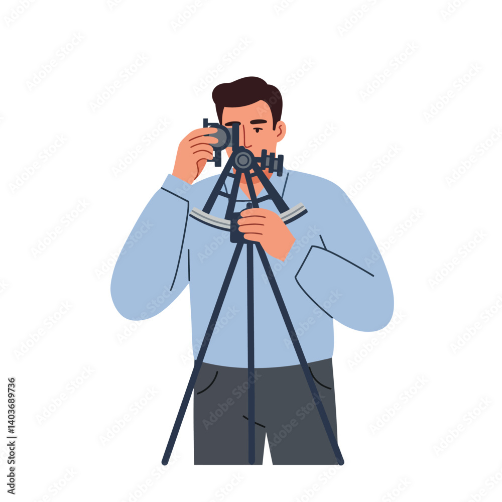 Poster man using a theodolite in minimal flat design vector art