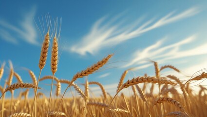 Wheat spikes reaching into clear blue sky