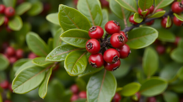 A ripe wintergreen berry, red berries with green leaves, perfect for seasonal decor or natural-themed projects.