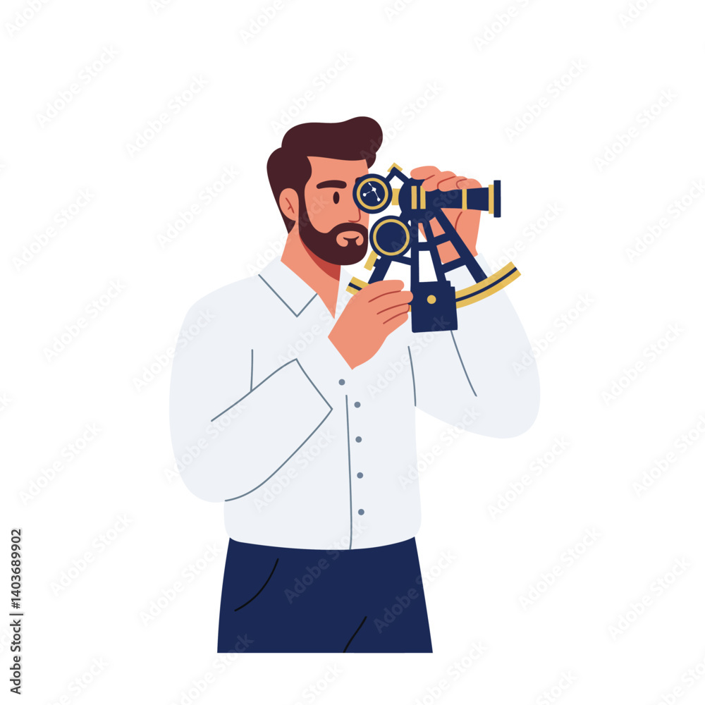 Poster man observing landscape with a theodolite in minimal vector art style