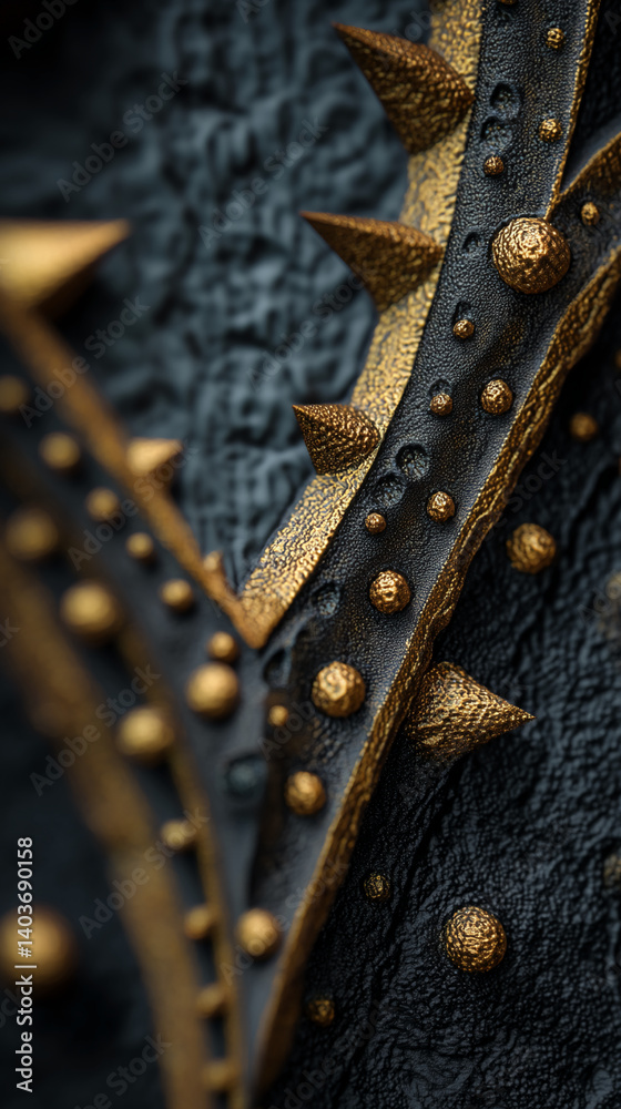Aufkleber close-up of black textured surface with golden spikes and studs, creating a dark, luxurious and edgy
