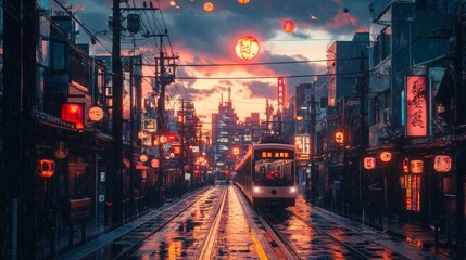 Fototapeta premium Tranquil Evening in a Japanese City: A Wet Night's Journey