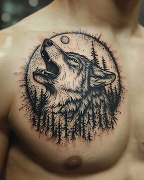 Forest wolf buka chest moon tattoo high resolution picture