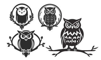 Owl logo set. Detailed drawing, strict look, symbol of wisdom, intelligence, protection, suitable for branding and design. Owl logo, tribal owl, vector owl, owl emblem
