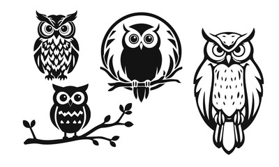 Owl logo set. Detailed drawing, strict look, symbol of wisdom, intelligence, protection, suitable for branding and design. Owl logo, tribal owl, vector owl, owl emblem