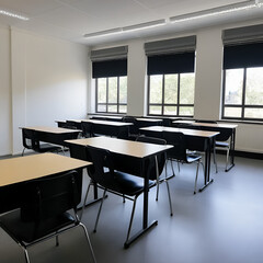 a classroom with desks and chairs in it