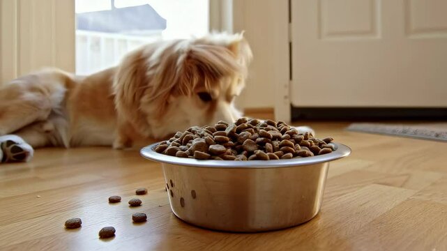 A dog lies in the background, waiting. In the foreground, a bowl of dog kibble sits