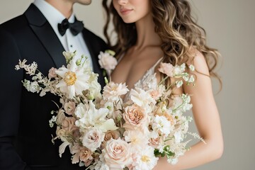 Naklejka premium Wedding day flowers with bride and groom. AI generated image