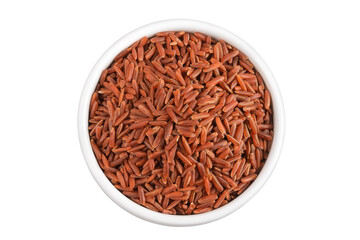 red rice in a ceramic bowl isolated on white background. Top view. Flat lay